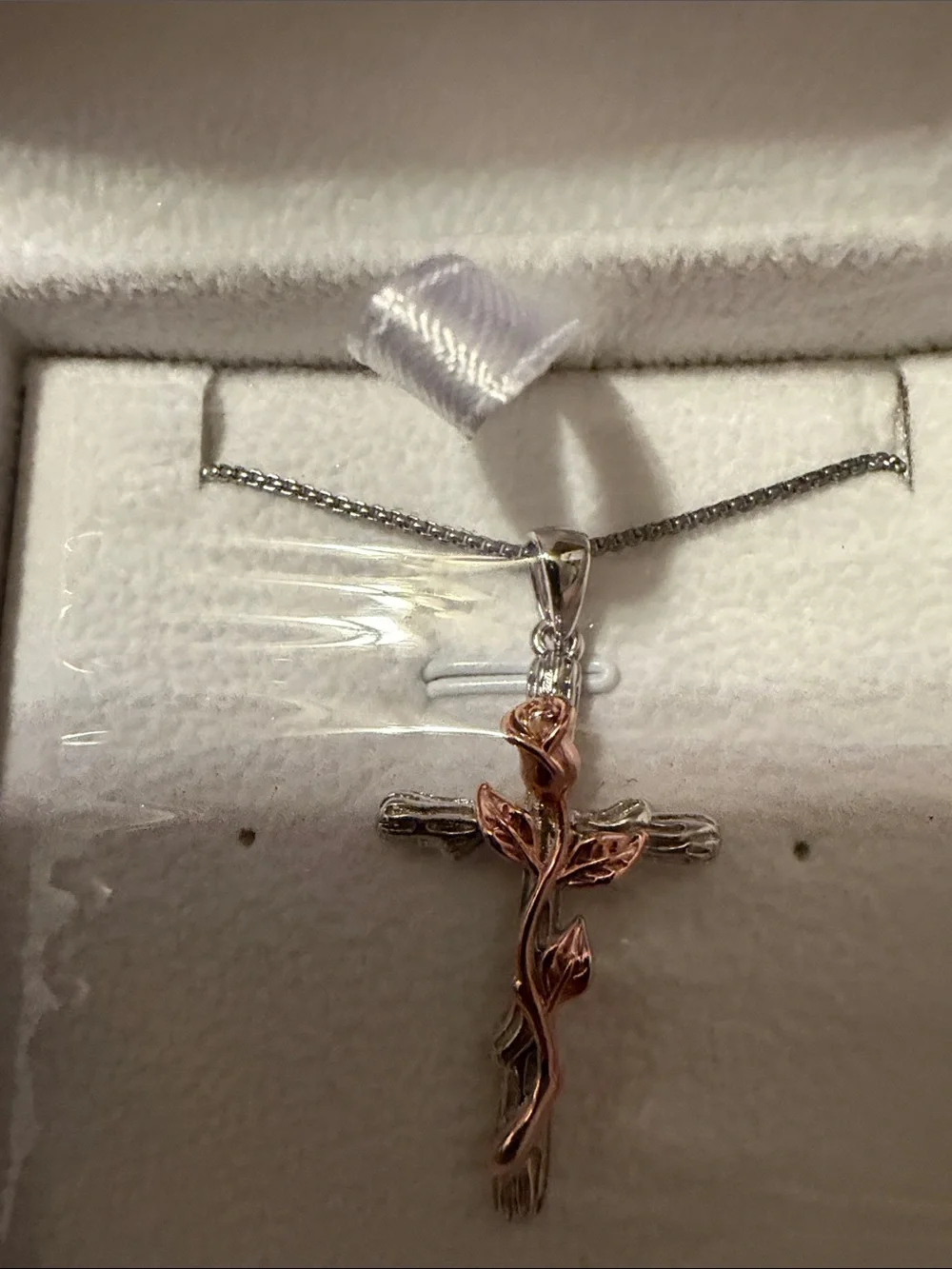 Two-Tone Rose and Silver Cross Pendant Necklace